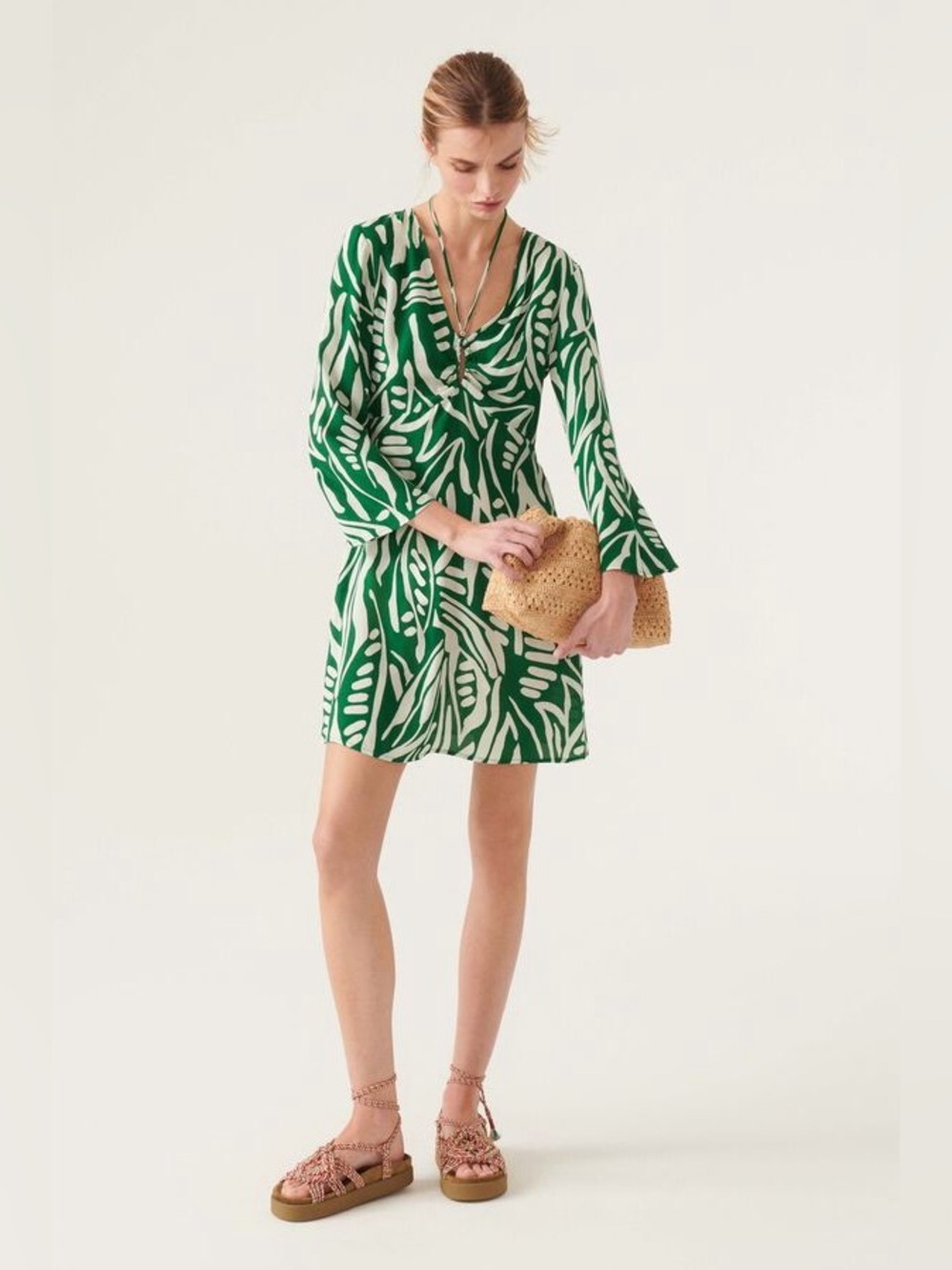 ba&sh Thesee Green Print Mini Dress Cutout Tie Front Viscose Size 3 US Large EUC